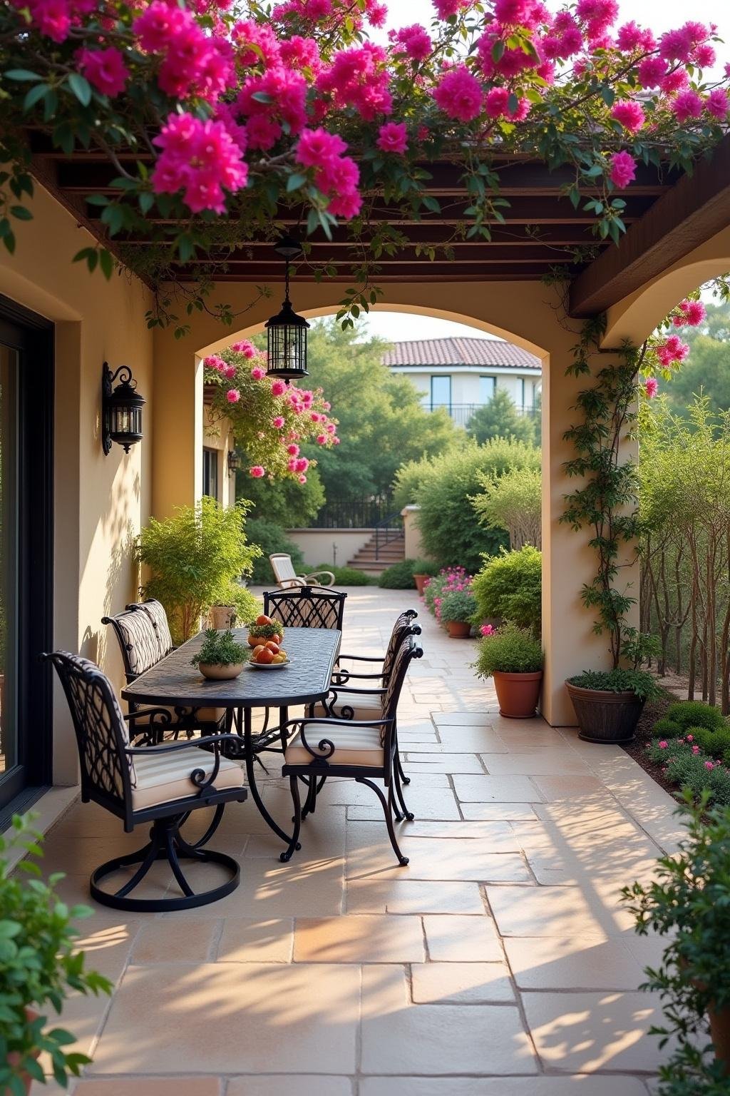 Contemporary outdoor patio with Mediterranean aesthetics, stone flooring, iron furniture, and vibrant bougainvillea