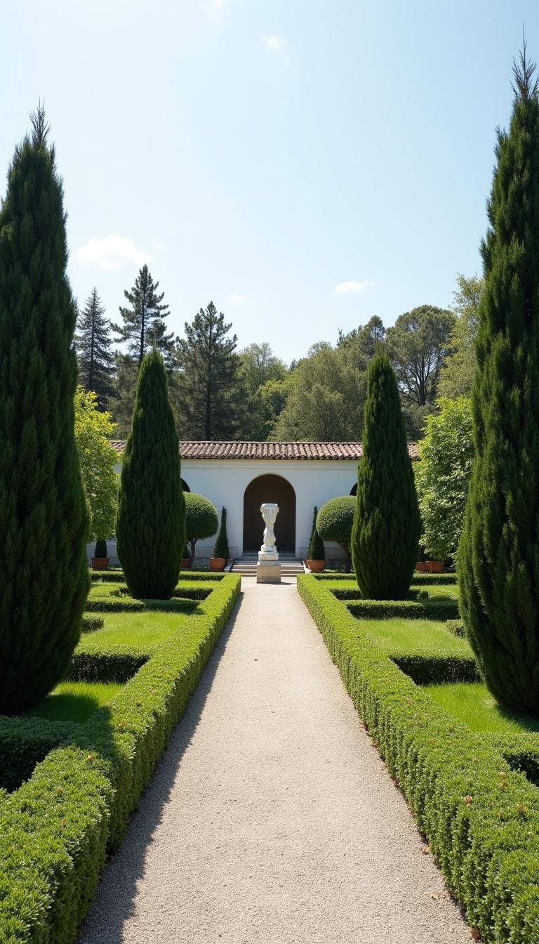 Simple Mediterranean garden with trimmed bushes, gravel walkways, and modern decorative elements