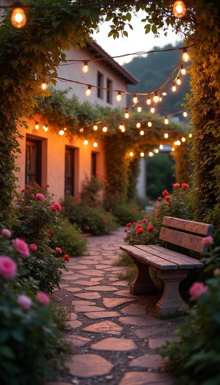 Romantic Mediterranean garden scene at sunset featuring roses, string lights, and a stone bench
