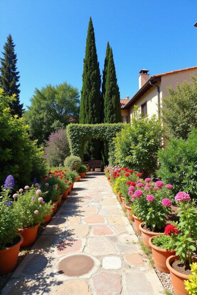 Beautiful Mediterranean garden featuring colorful flowers, terracotta pots, and stone pathway with bright blue sky