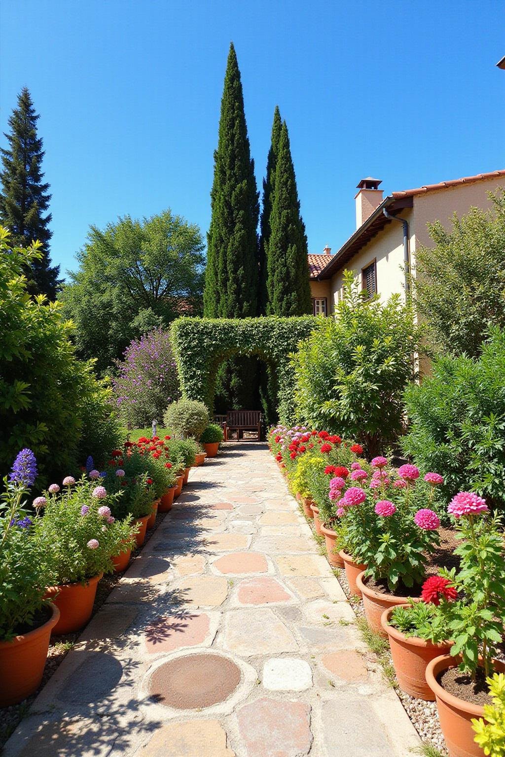Beautiful Mediterranean garden featuring colorful flowers, terracotta pots, and stone pathway with bright blue sky