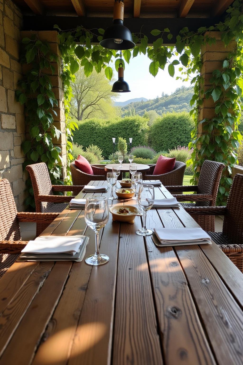 Mediterranean garden outdoor wine tasting setup with wooden table, wine glasses, and lush plants