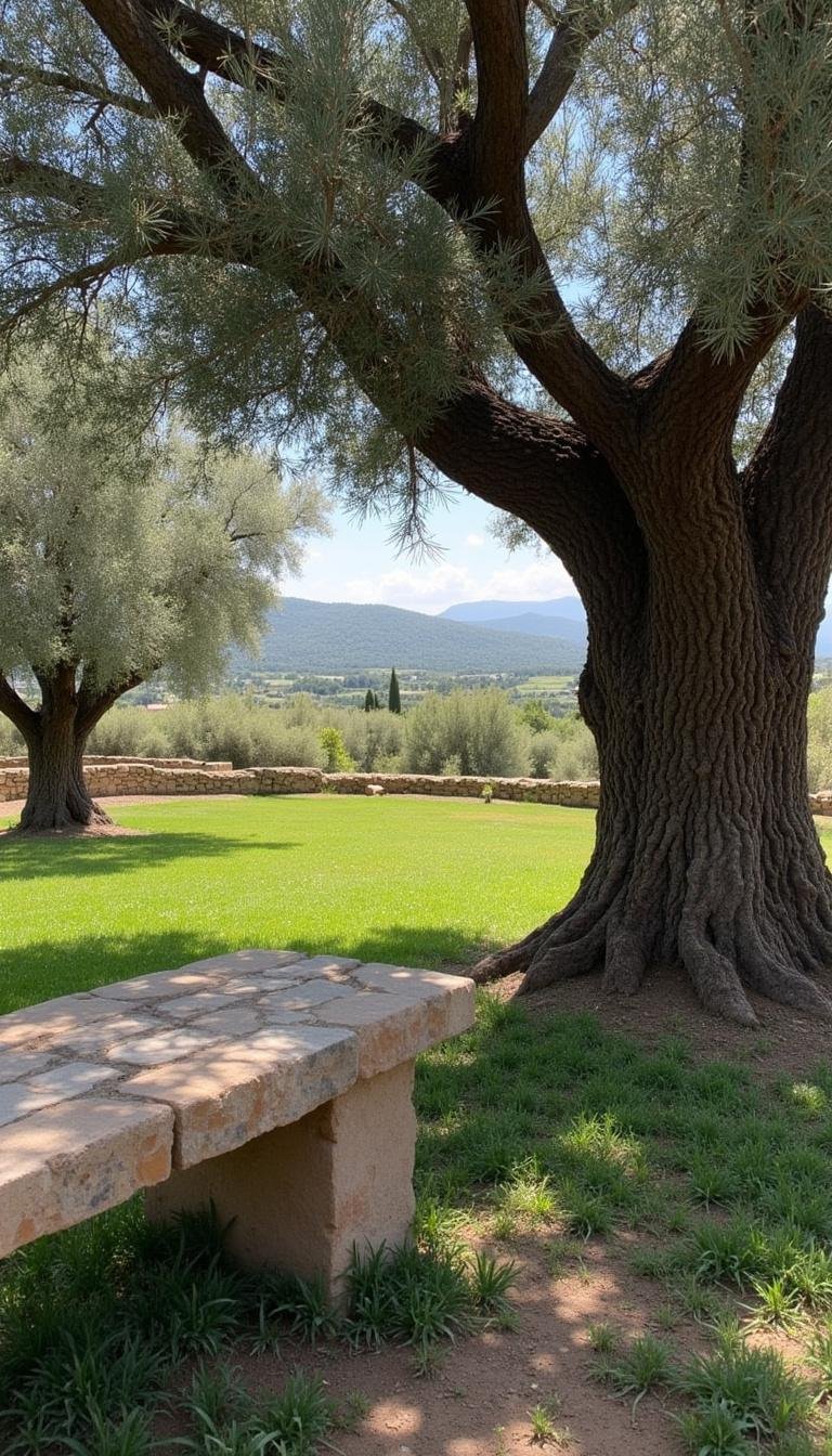 Olive tree grove in Mediterranean garden with rustic bench and vineyard view