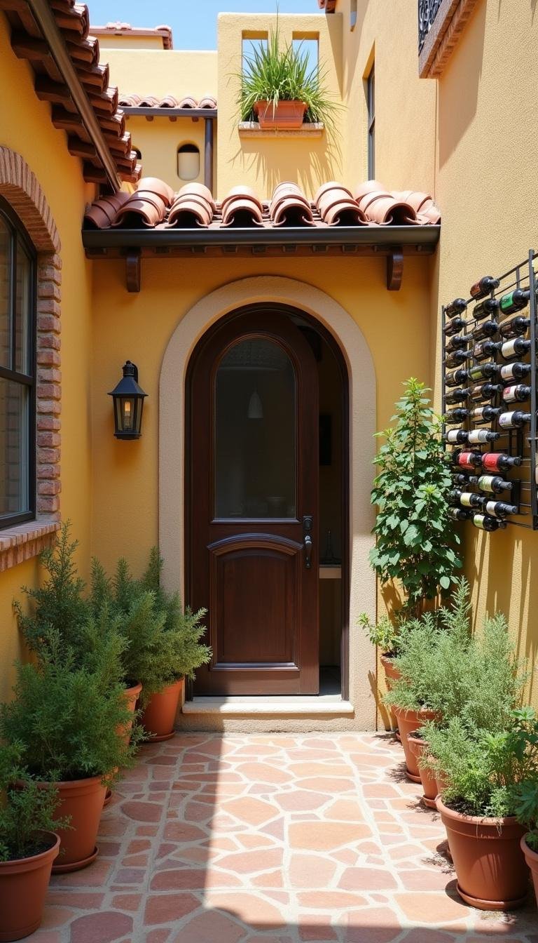 Mediterranean patio with potted herbs, wine rack, and traditional architectural details