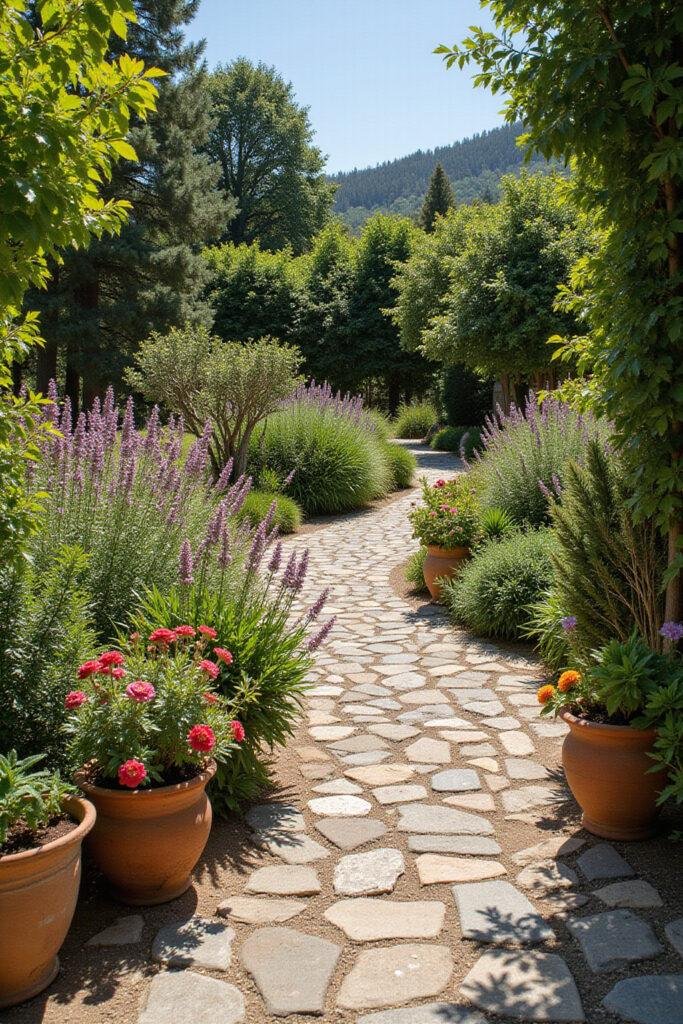 Mediterranean garden featuring textured stone pathways and colorful flowers with rustic pots