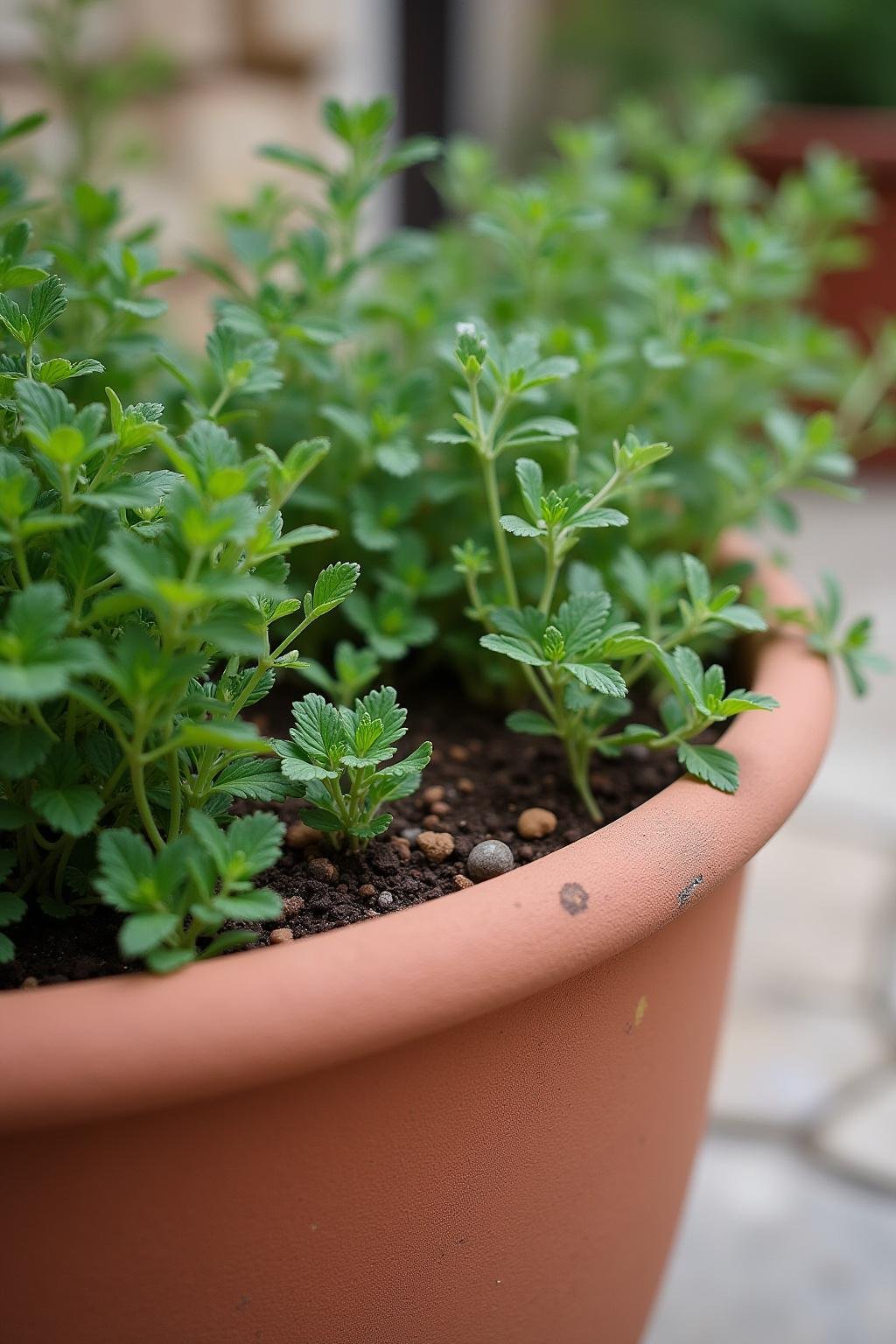 Terracotta planter with herbs in a Mediterranean-style garden