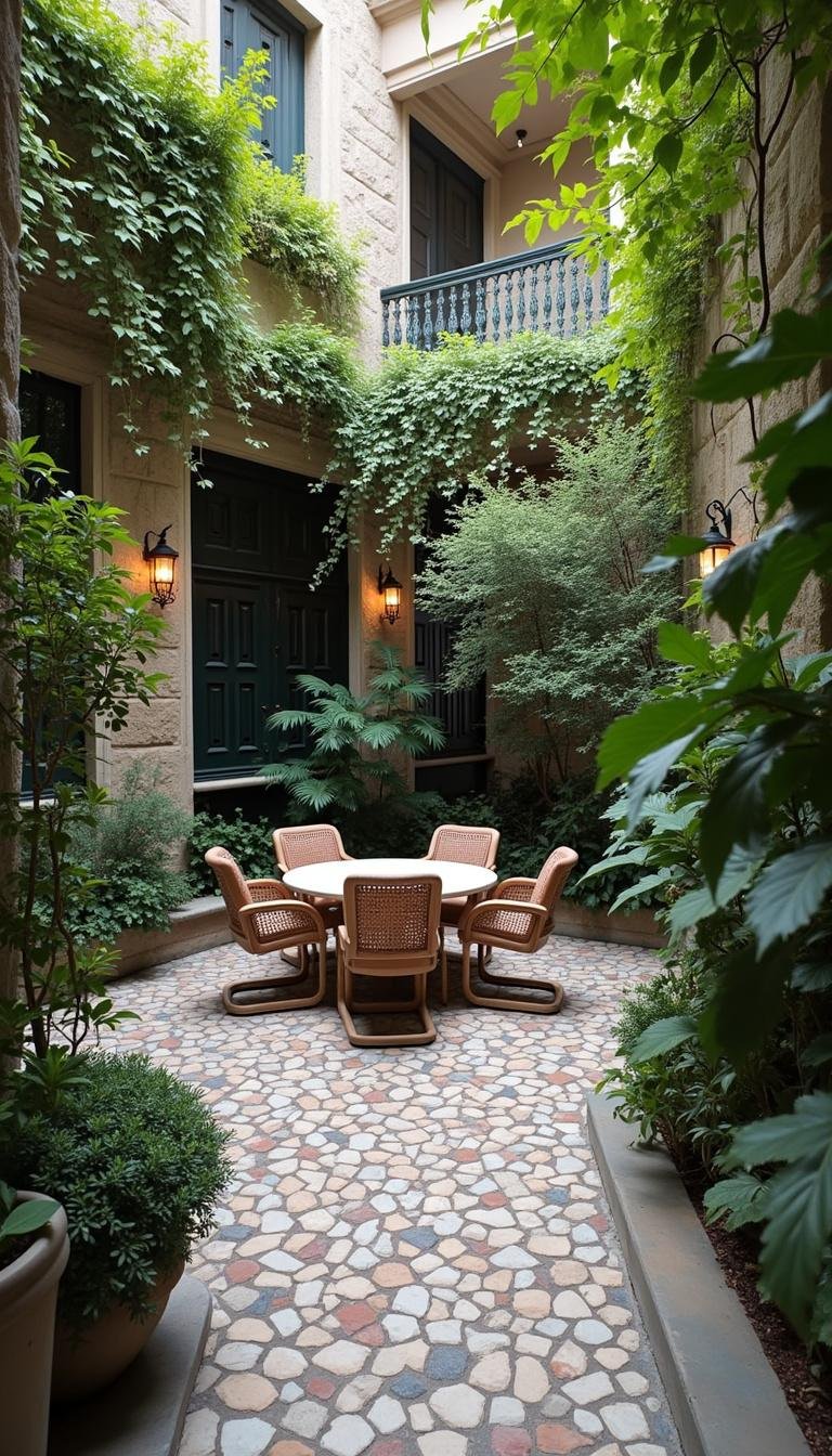Outdoor seating in a Mediterranean garden with textured plants and stone walls