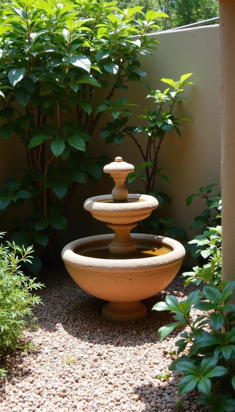 Mediterranean garden corner with clay fountain and textured foliage
