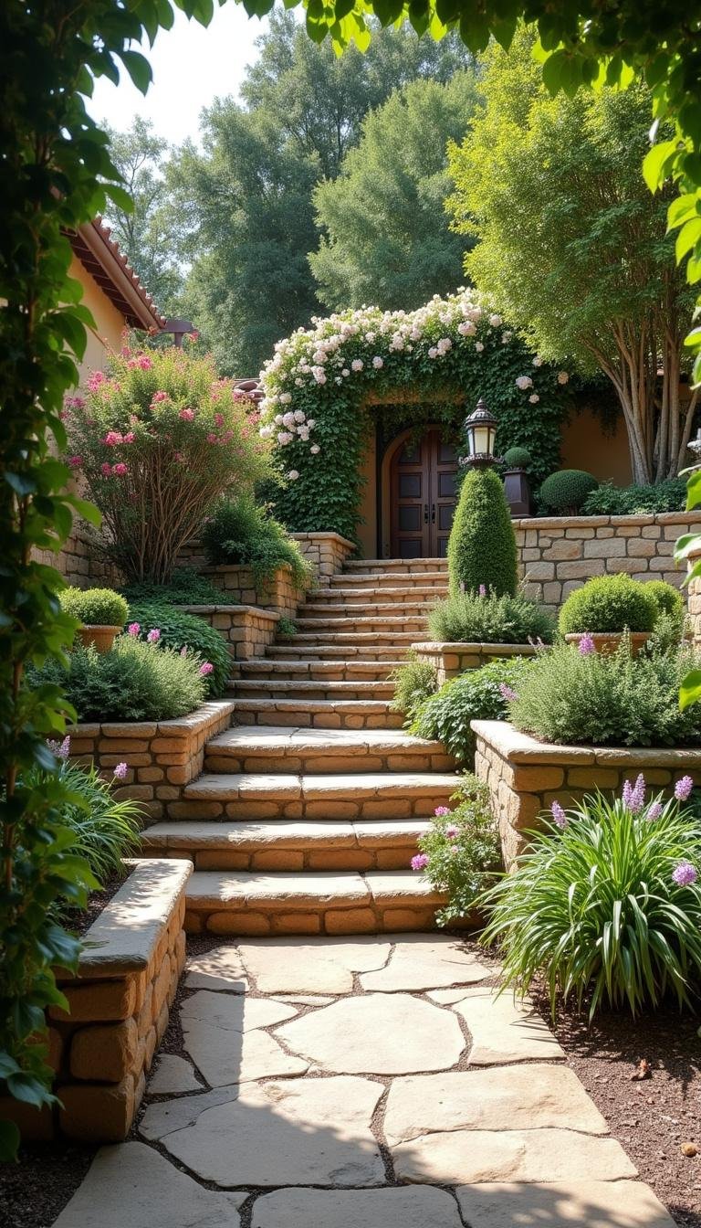 Wide shot of a Mediterranean garden with stone terraces and flowering vines