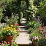 Beautiful Mediterranean-style garden with colorful flowers, terracotta pots, and stone pathway in sunlight