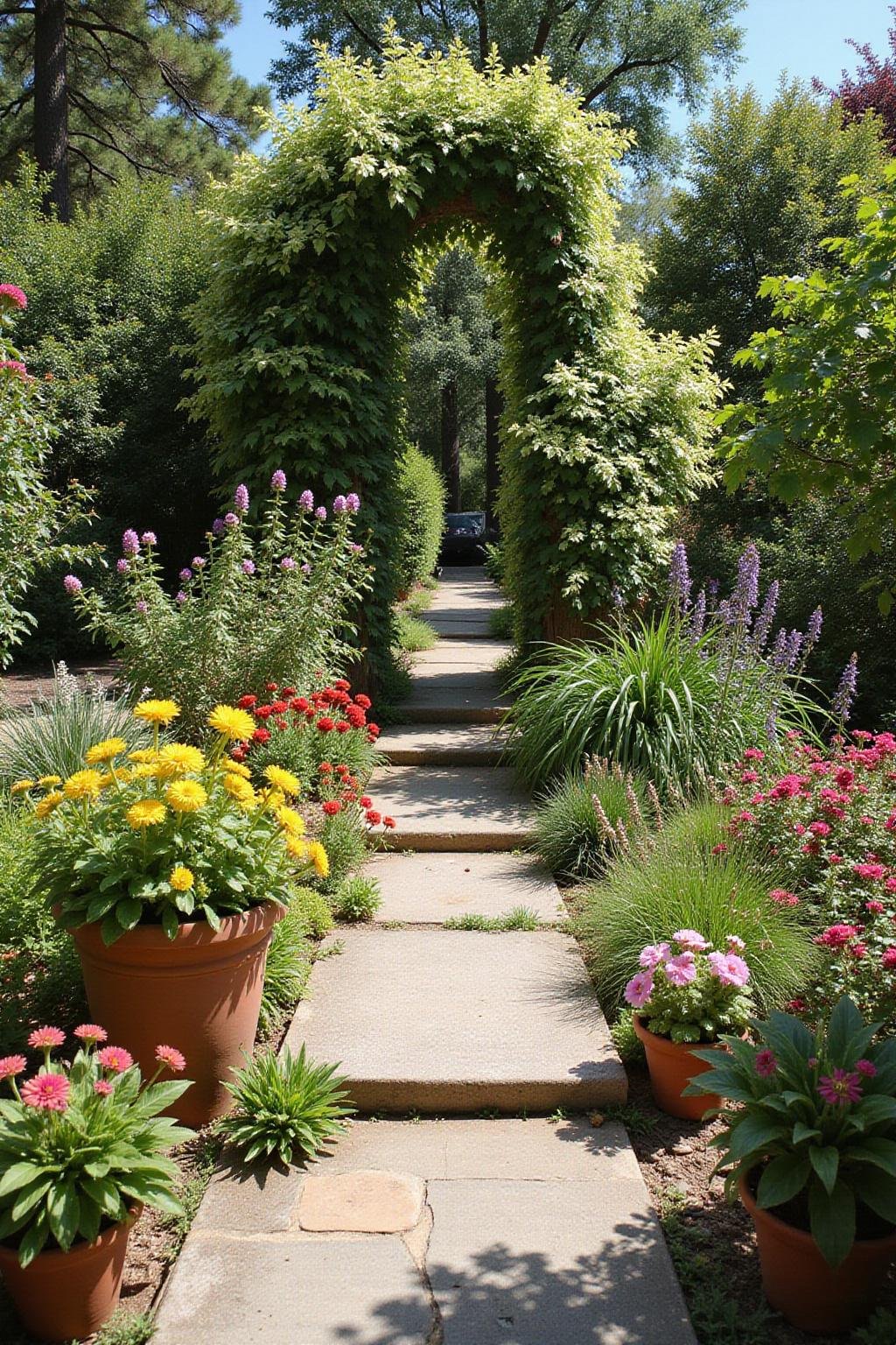 Beautiful Mediterranean-style garden with colorful flowers, terracotta pots, and stone pathway in sunlight