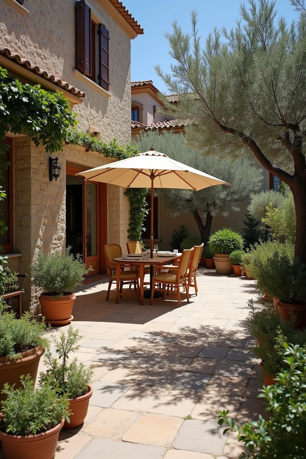 Relaxing outdoor seating in a Mediterranean garden with olive trees and herbs creating a tranquil atmosphere
