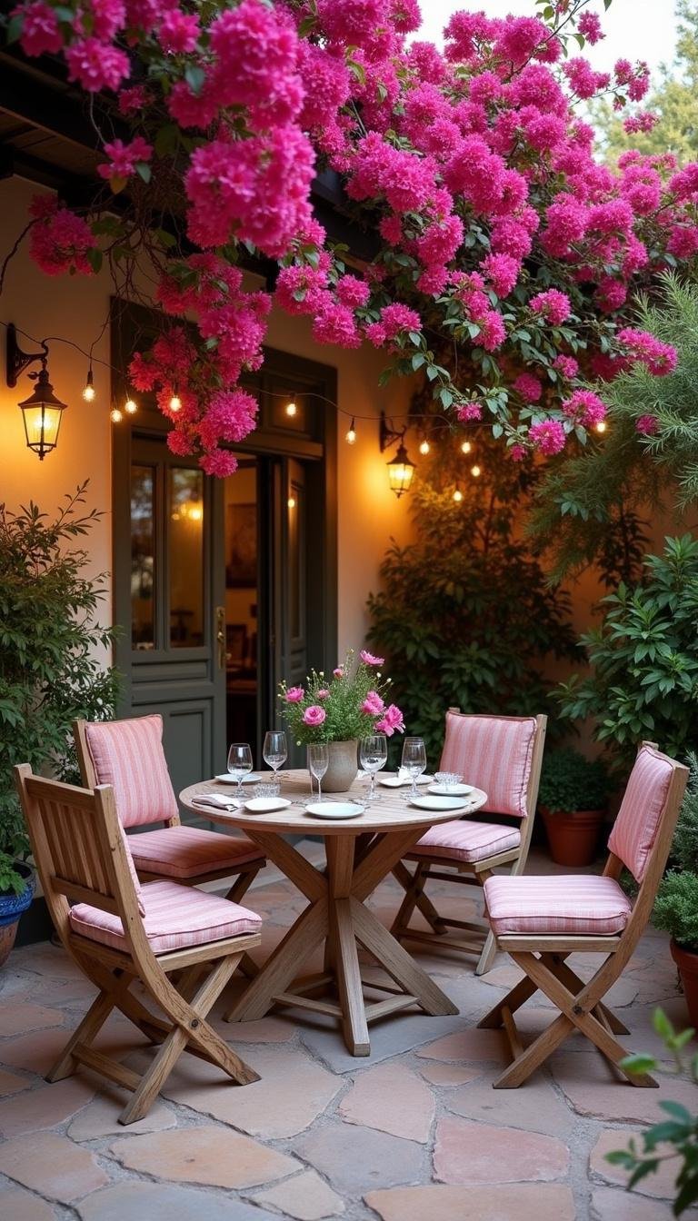 Rustic Mediterranean patio with wooden furniture, string lights, and flowering bougainvillea for a cozy ambiance