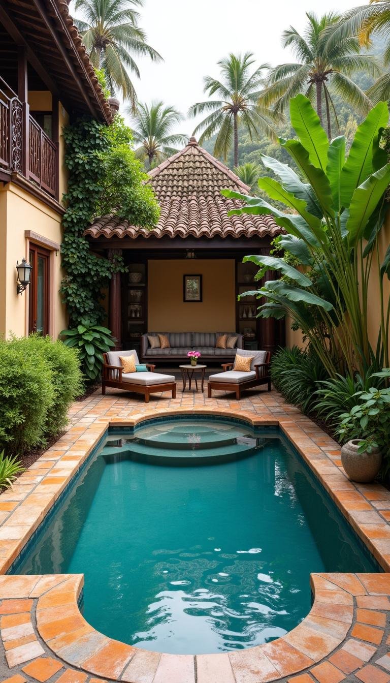 Mediterranean backyard featuring a small pool, decorative tiled surfaces, and green plants for relaxation