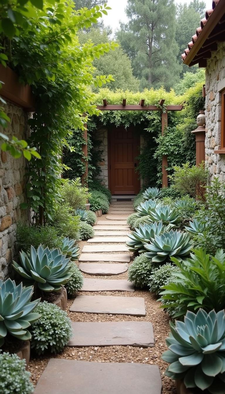 Stone pathway with succulents and aromatic plants in a Mediterranean garden nook for a peaceful retreat