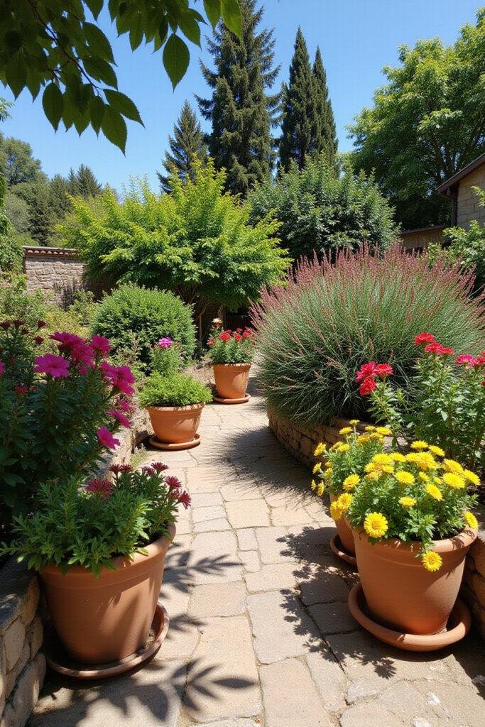 Beautiful Mediterranean garden featuring terracotta pots filled with colorful flowers and lush greenery