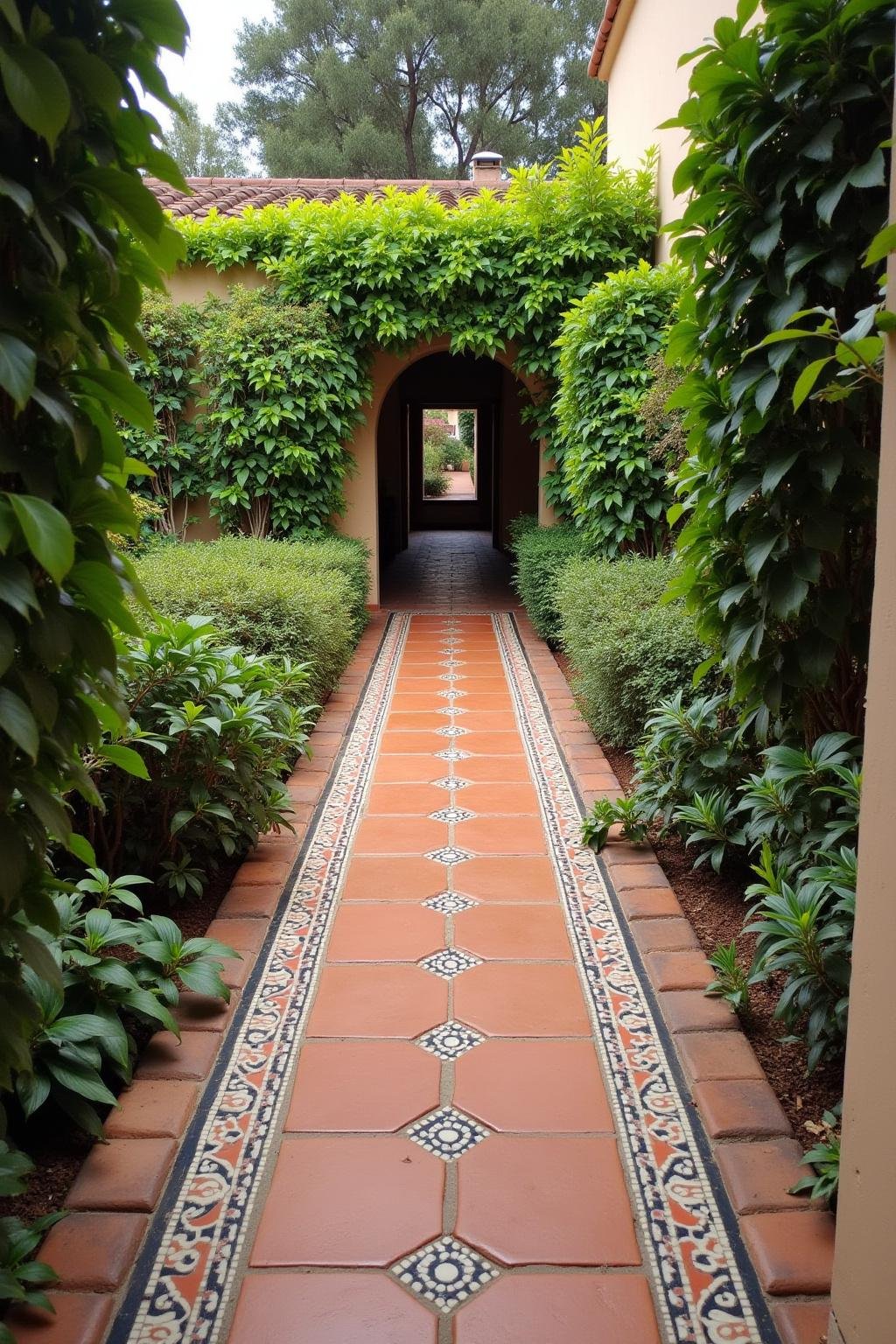 Stone pathway in a Mediterranean garden lined with terracotta pots and succulent plants