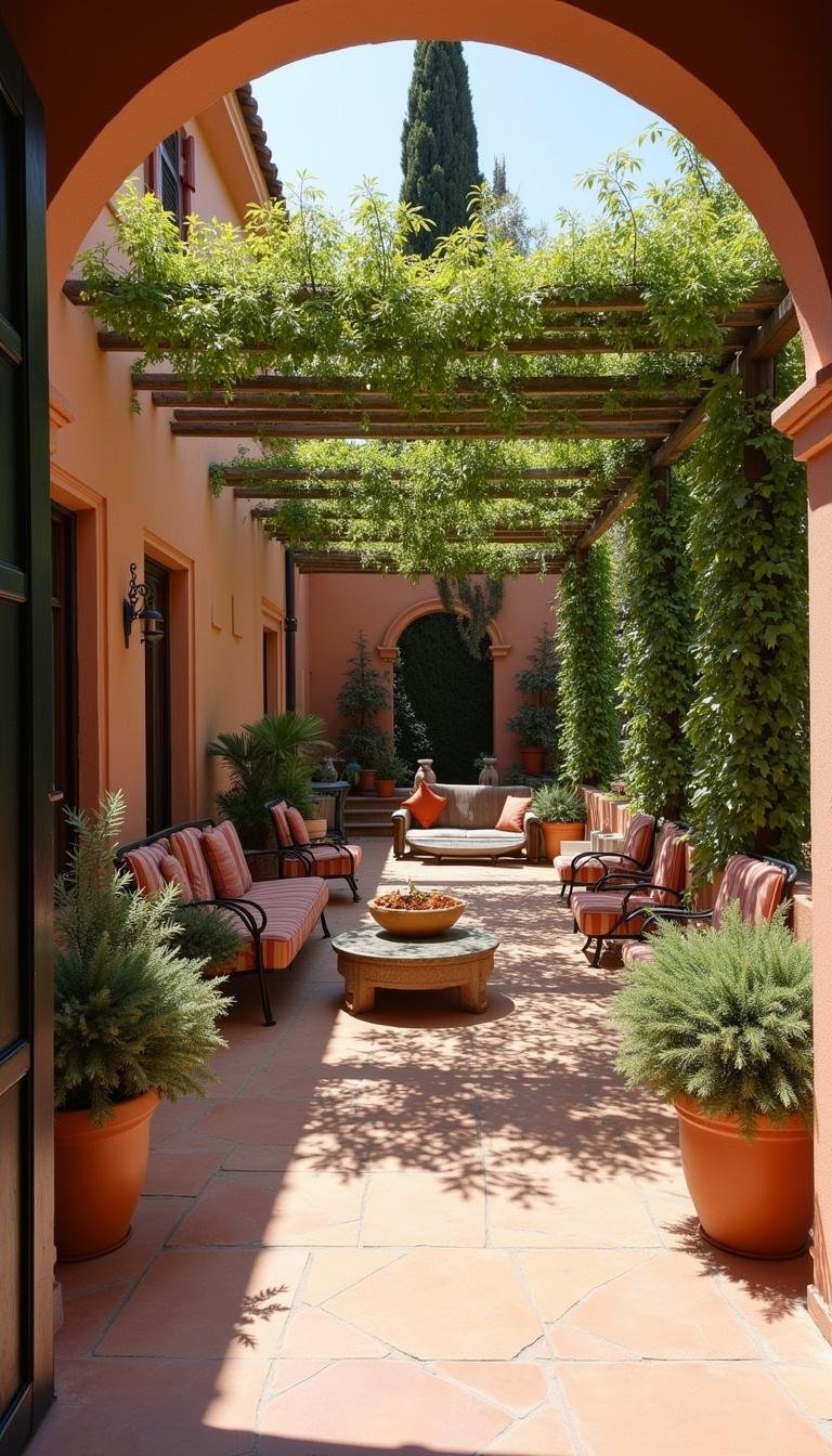 Charming outdoor patio in a Mediterranean garden featuring terracotta furniture and shaded arches