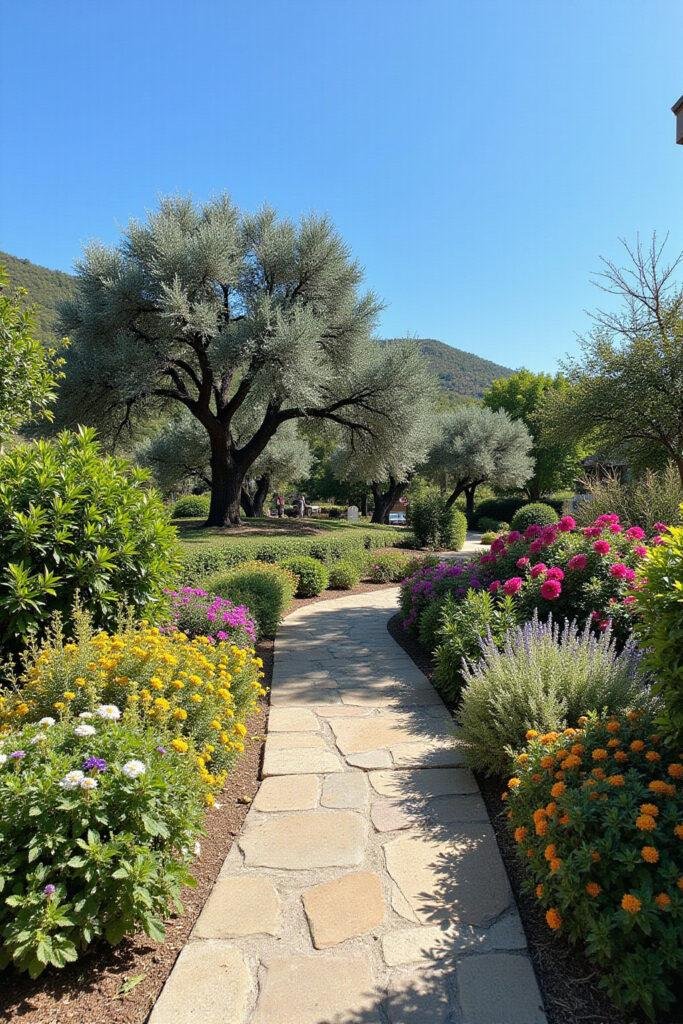 Mediterranean garden with olive trees, colorful flowers, and stone pathways, evoking a warm, sunny Mediterranean setting