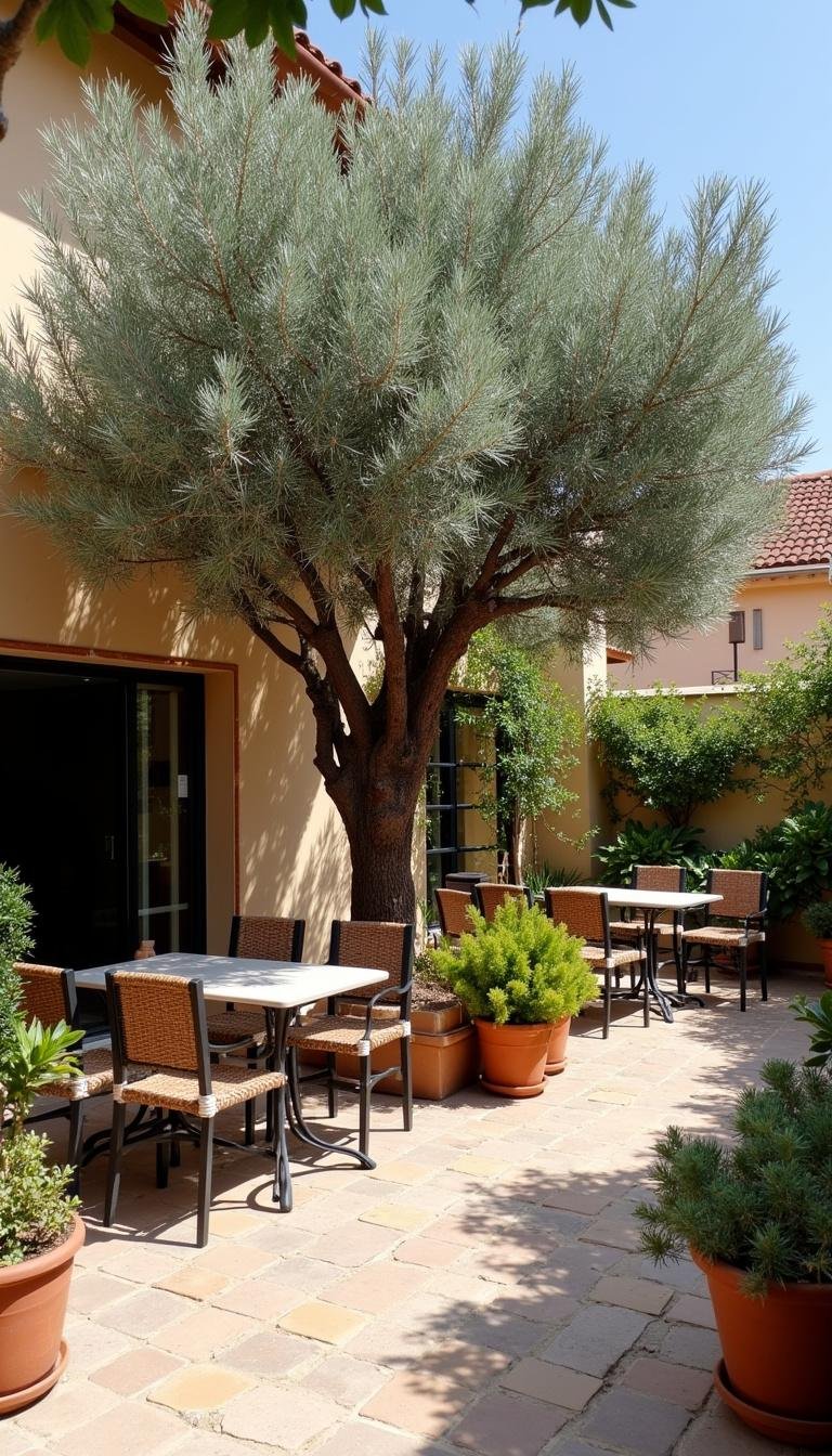 Relaxing outdoor lounge area with an olive tree in a Mediterranean garden, patio furniture, and potted plants