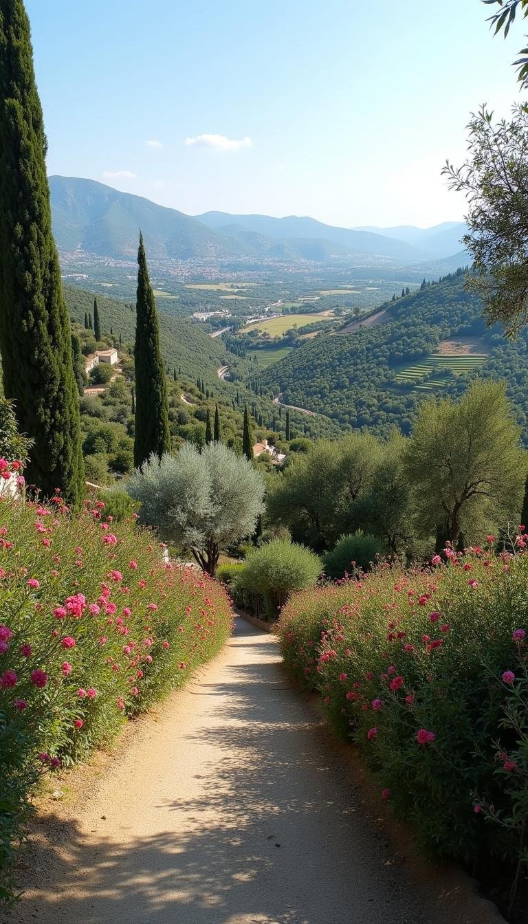 Wide-angle shot of a Mediterranean garden landscape with olive trees, terraced gardens, and bright floral accents