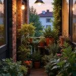 Chic balcony garden with green plants, potted flowers, and decorative lighting at sunset