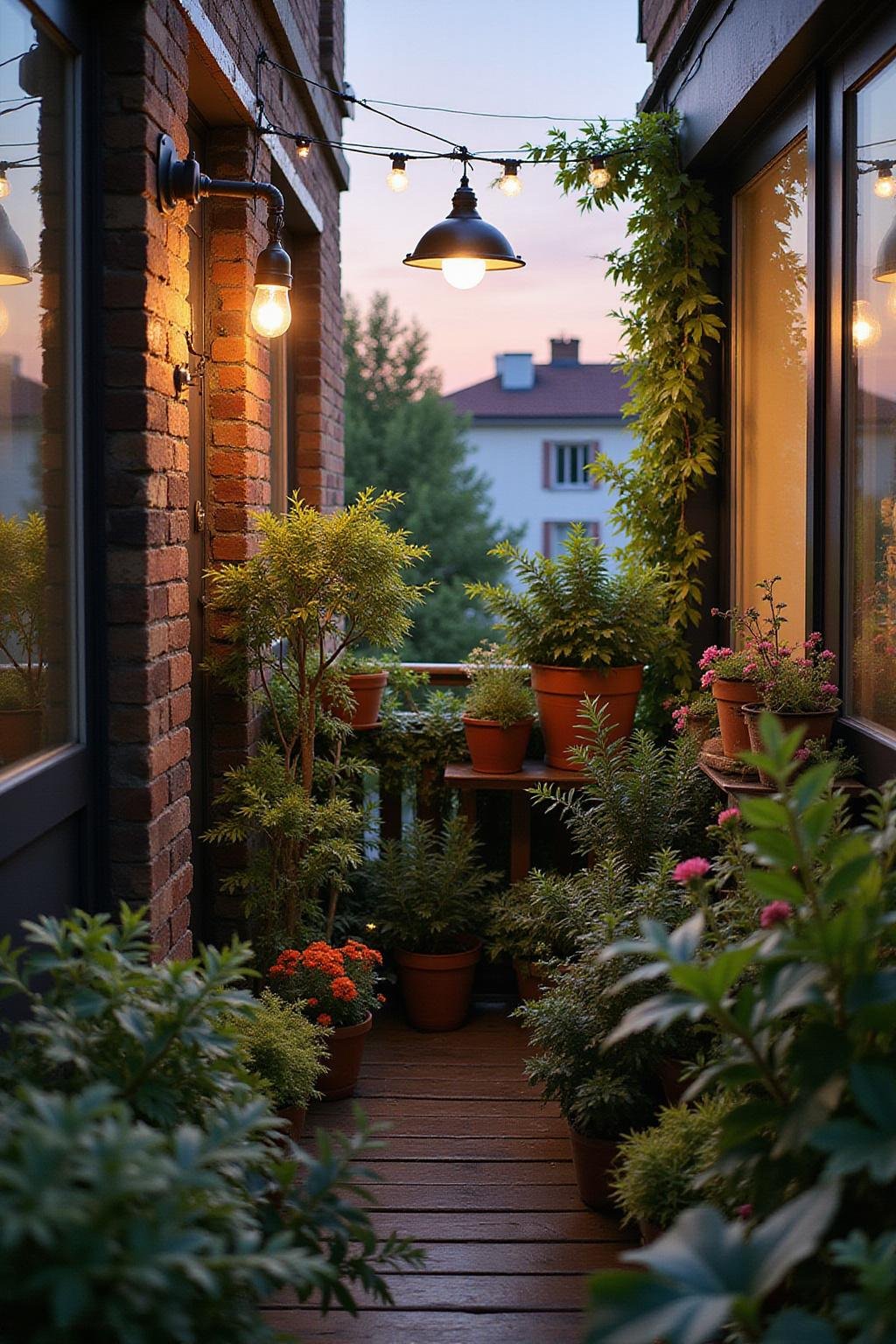 Chic balcony garden with green plants, potted flowers, and decorative lighting at sunset