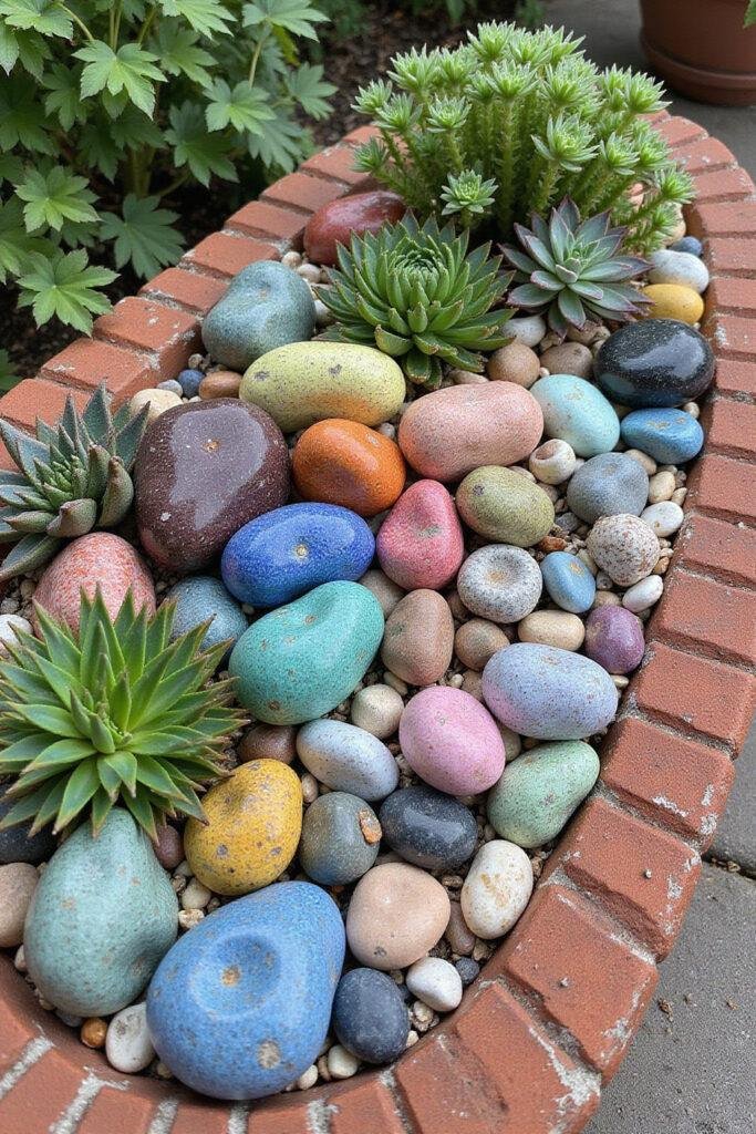 Colorful boho-style succulent rock garden with different succulents and decorative stones