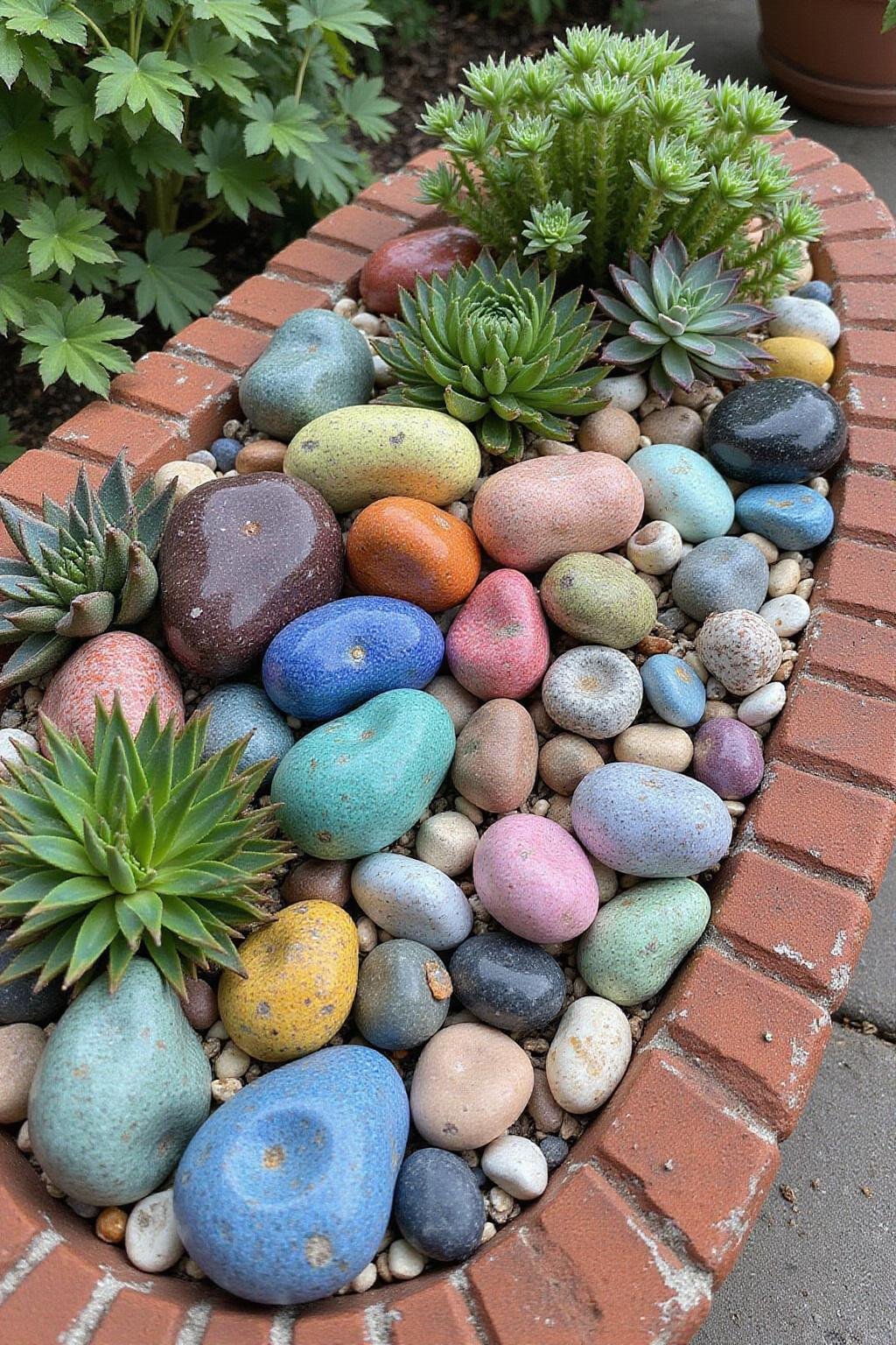 Colorful boho-style succulent rock garden with different succulents and decorative stones