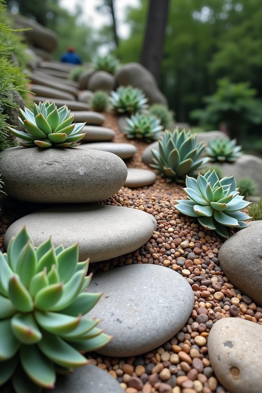 Close-up of a boho succulent rock garden with layered stones and thriving succulents