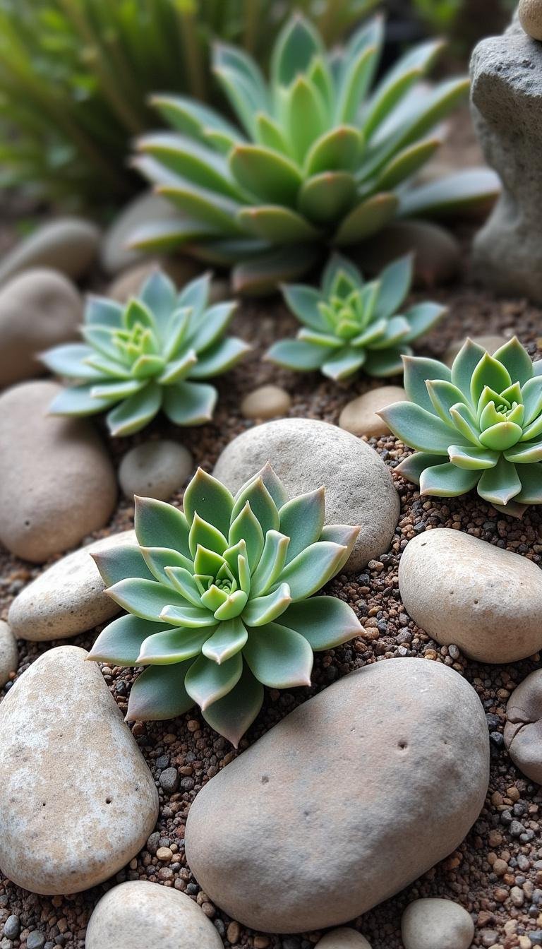 Artistic boho succulent garden with irregular stones and diverse succulents