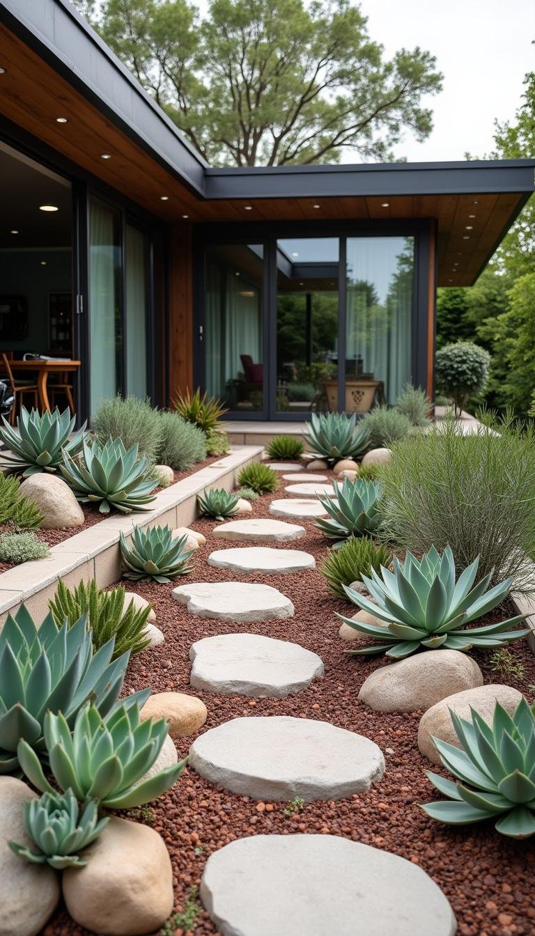 Modern boho outdoor space with a large layered succulent rock garden