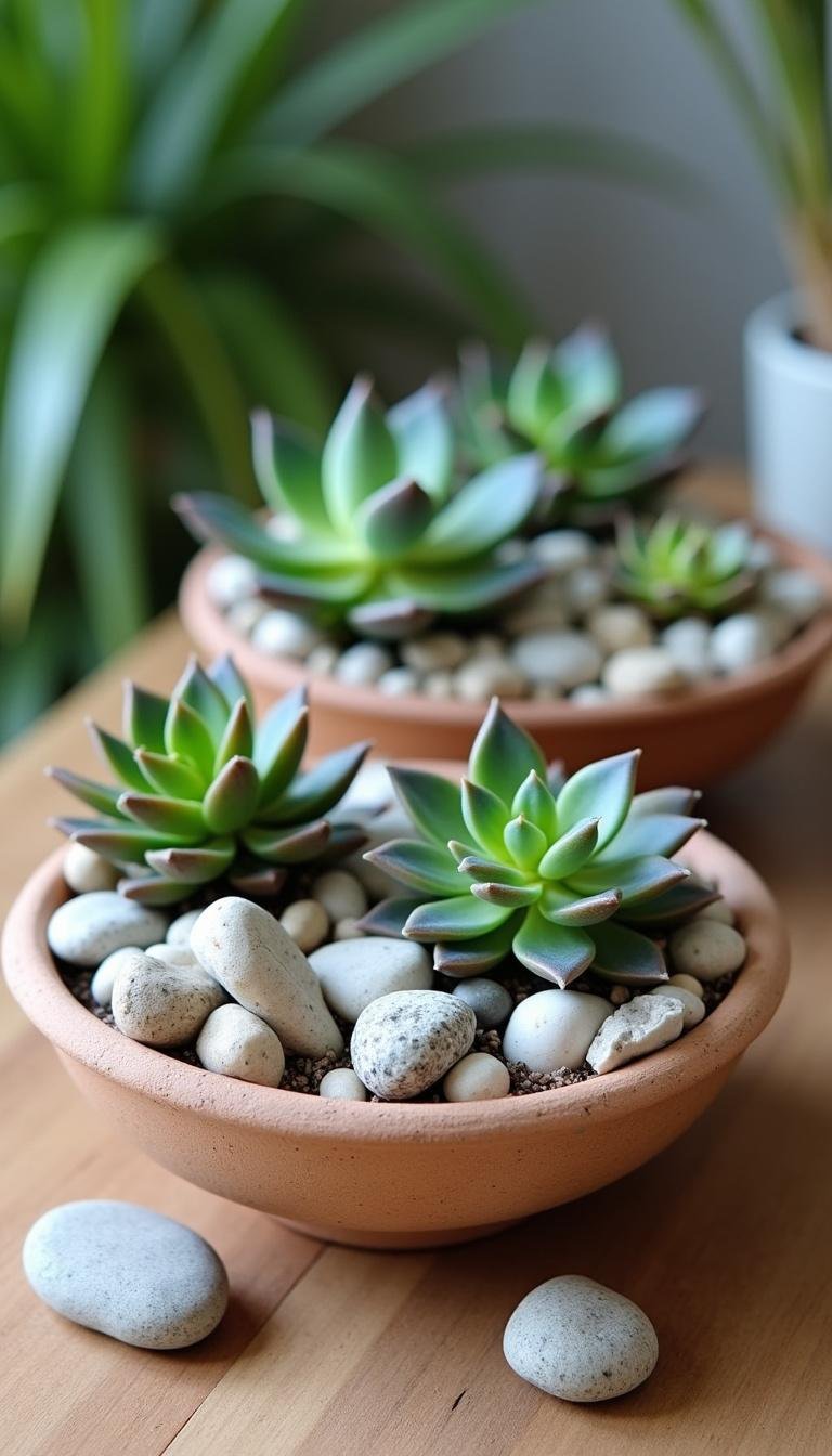 Charming tabletop succulent rock garden with miniature succulents and colorful stones