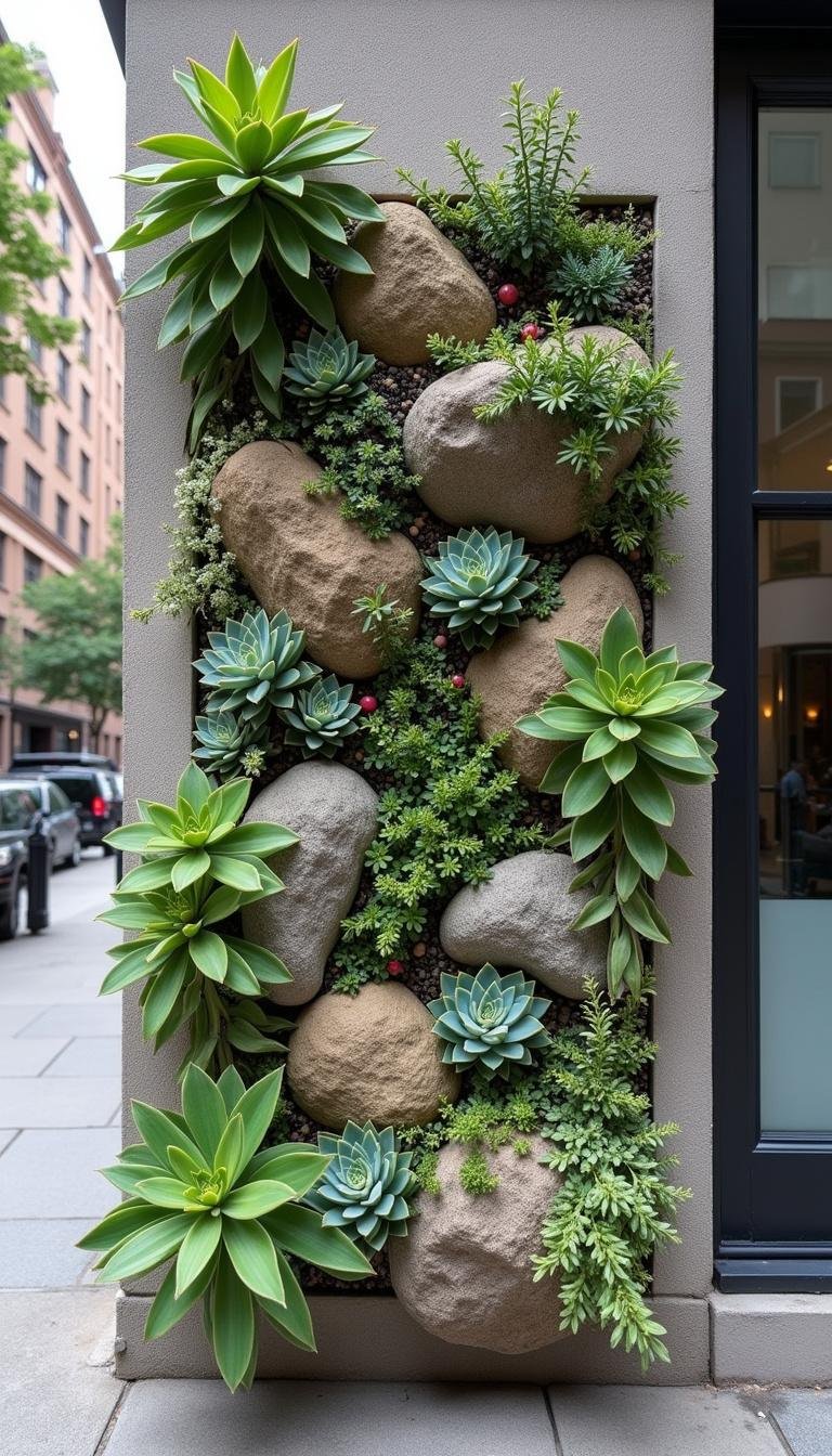 Urban vertical succulent garden on a wall featuring various succulents and contrasting rocks