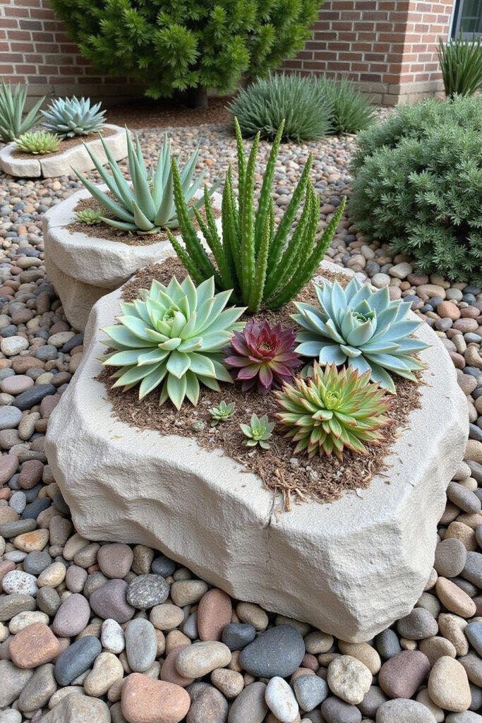 Low-maintenance succulent rock garden featuring various succulents and natural stones for easy care