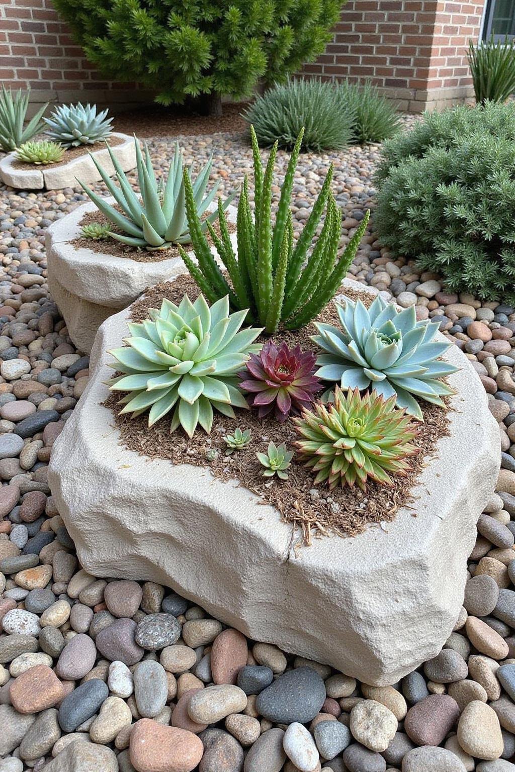 Low-maintenance succulent rock garden featuring various succulents and natural stones for easy care