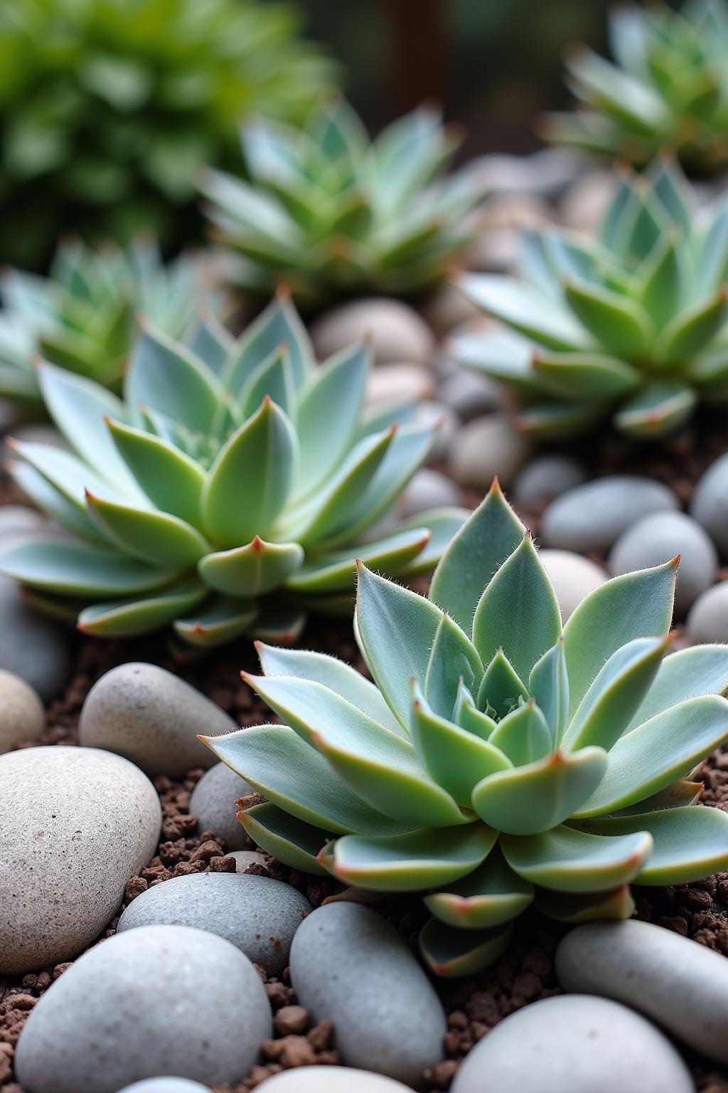 Close-up view of succulents growing amidst decorative stones in a low-maintenance garden