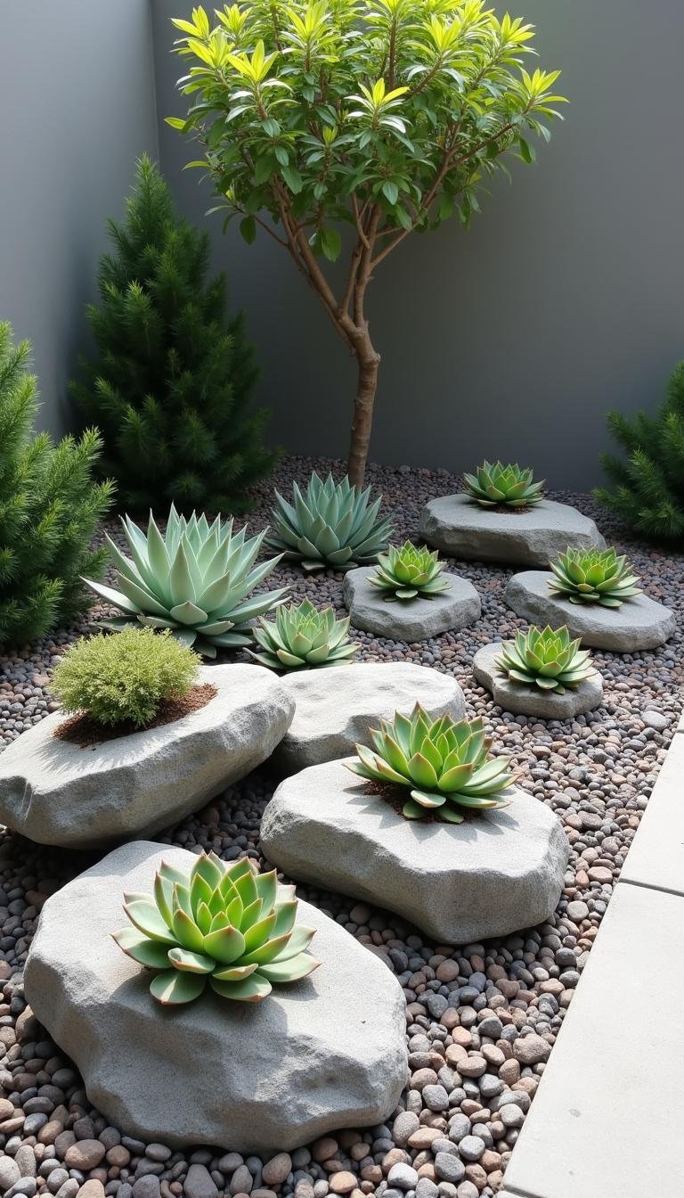 Minimalist outdoor succulent rock garden showcasing easy-to-maintain plants and rocks