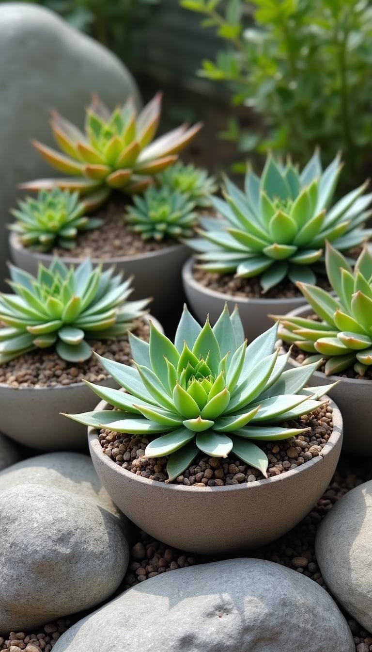 Succulent arrangements in containers on rocks, ideal for low-maintenance garden aesthetics