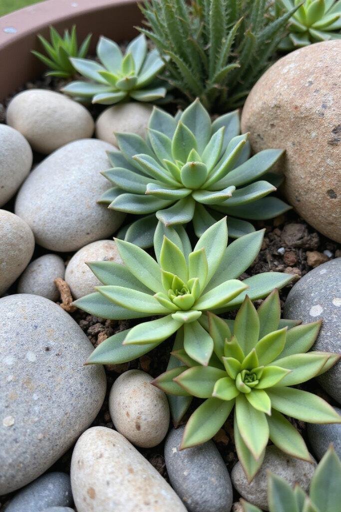 Minimalist succulent rock garden featuring stones and lush green succulents arranged neatly for a modern look