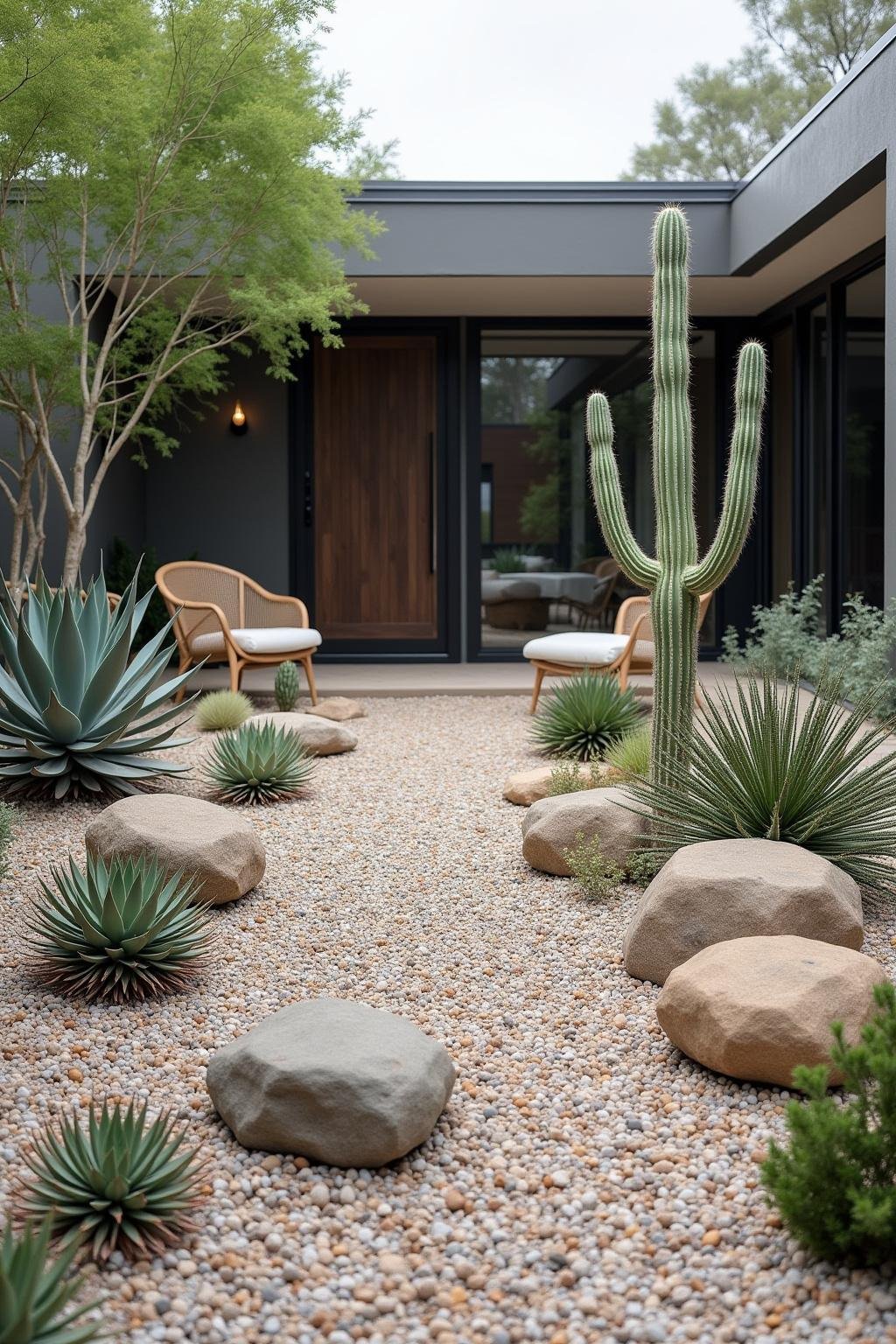 Wide view of a minimalist rock garden with succulents and rocks arranged in a simple, elegant landscape