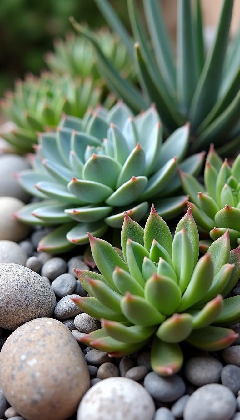 Close-up of textured succulents in a minimalist rock garden with surrounding stones