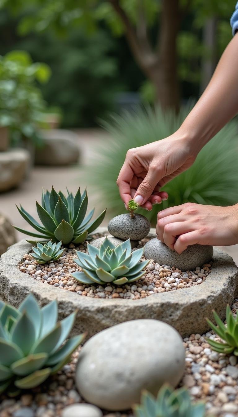 Hand placing succulents and rocks carefully in a minimalist garden design for a modern landscape