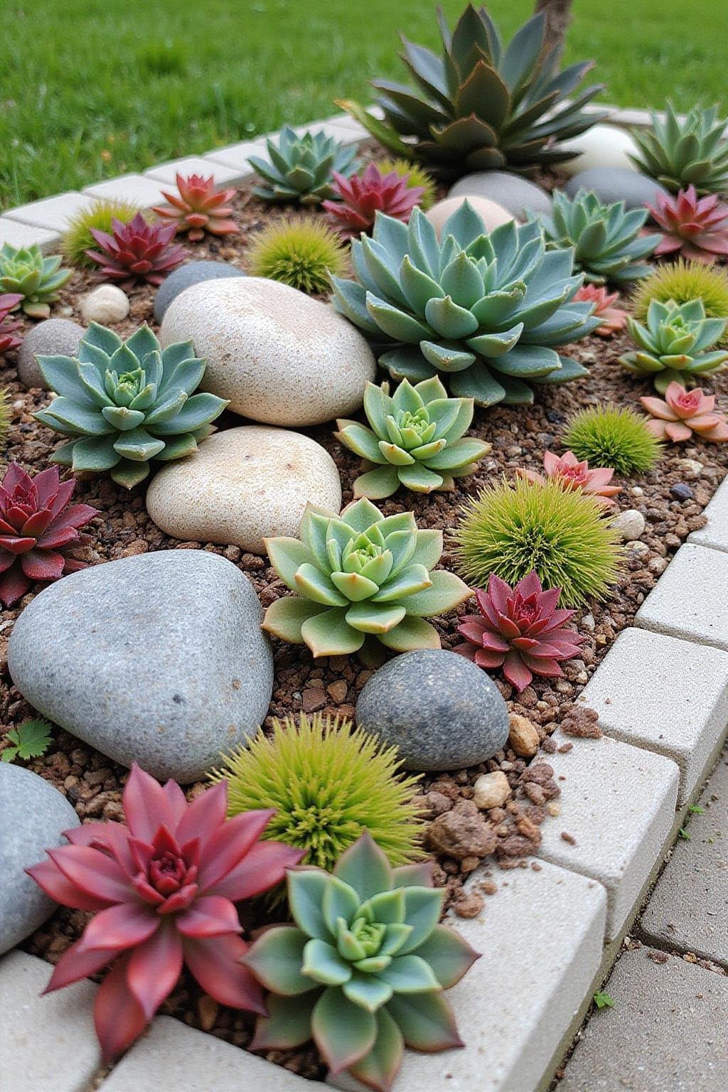 Close-up view of a succulent rock garden border featuring various succulents and stones
