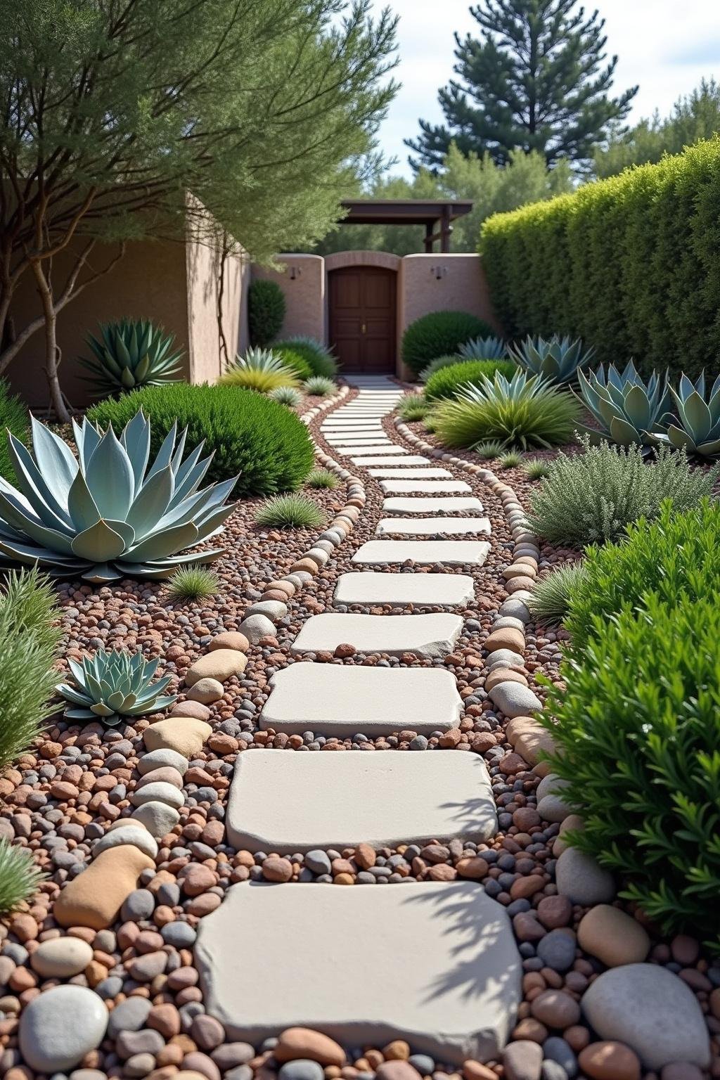 Landscape view of a succulent rock garden border along a garden pathway