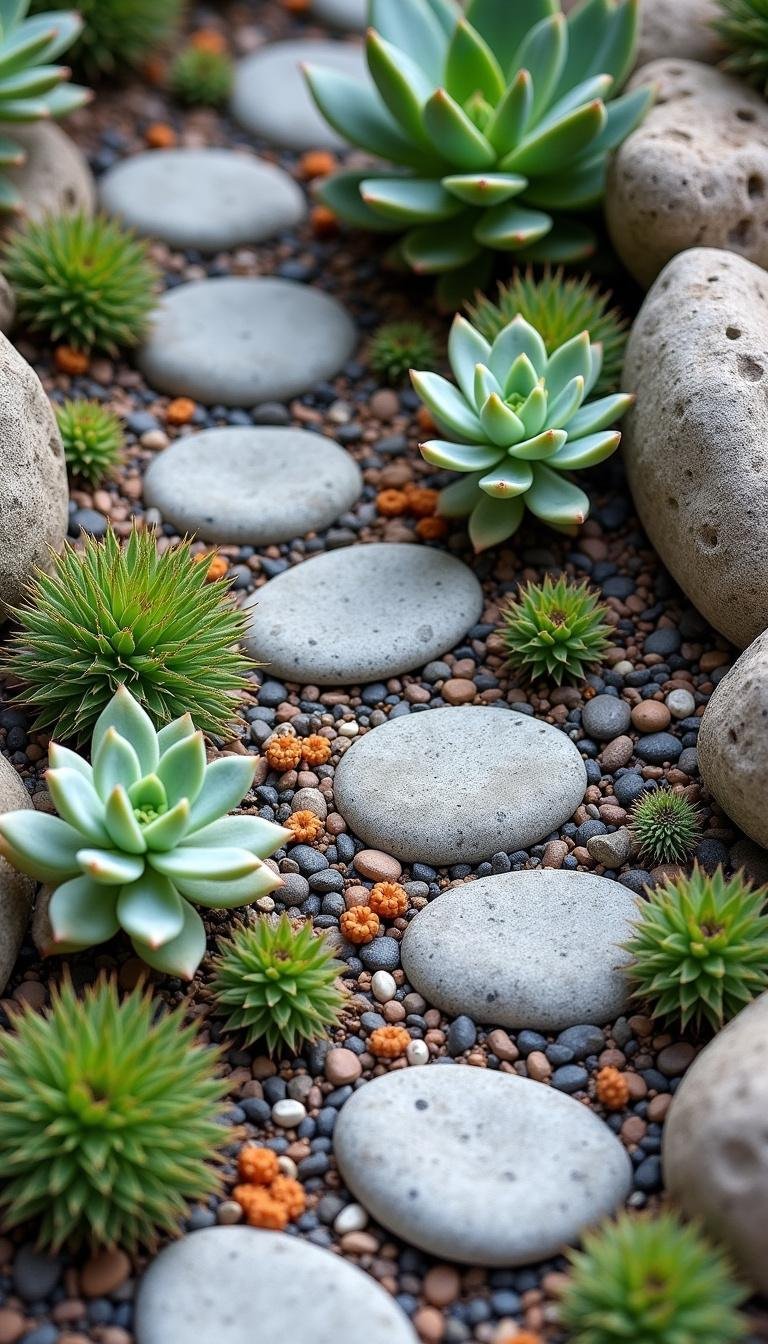 Bird's-eye view of a miniature succulent garden bordered by rocks and gravel