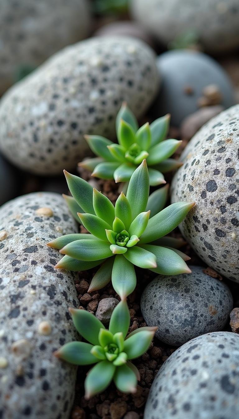 Close-up of decorative rocks and thriving succulents in a garden border