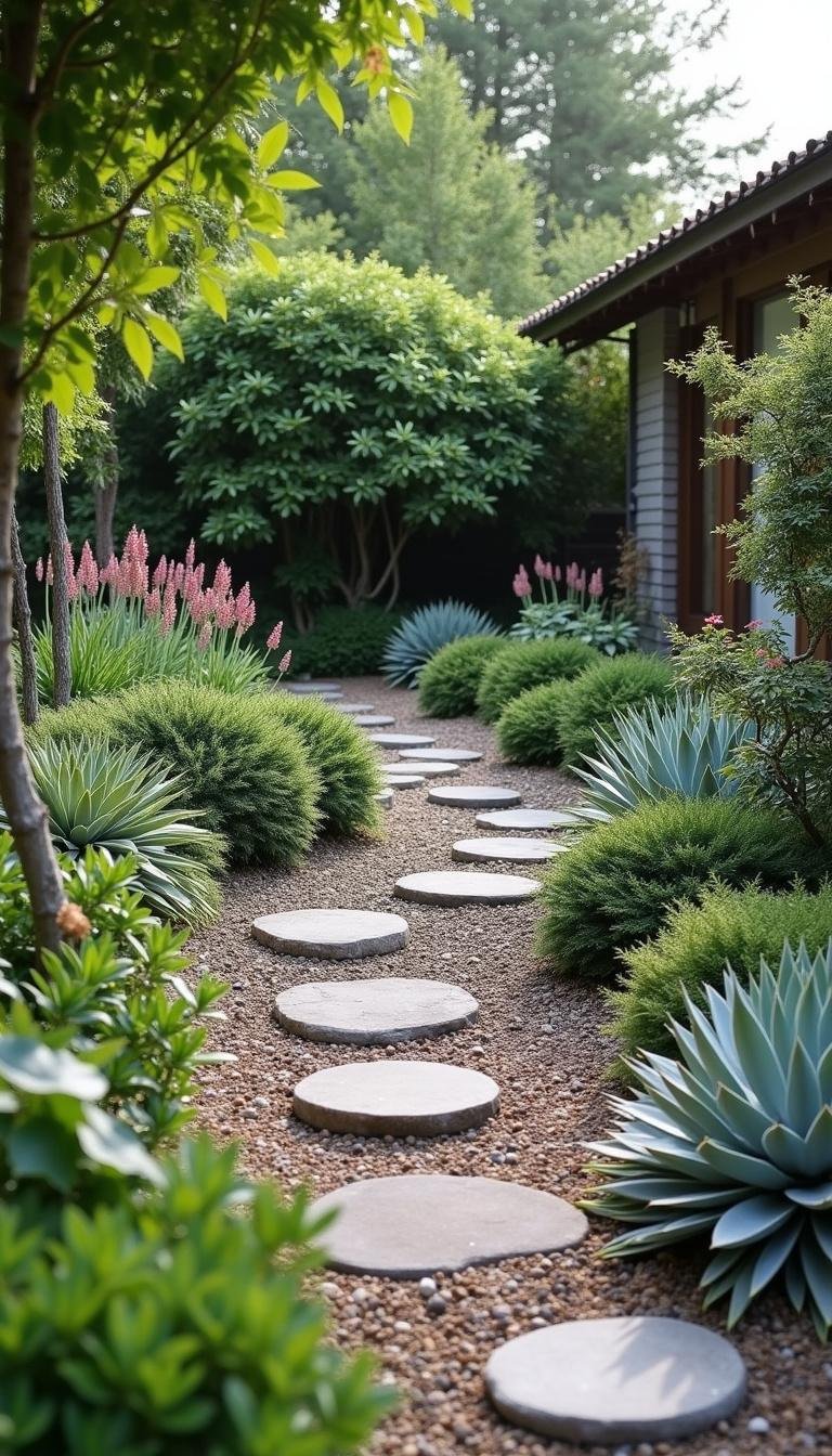Peaceful garden scene with a succulent rock border and natural stone accents
