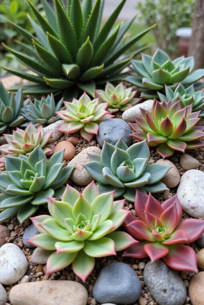 Colorful succulents in a rock garden with decorative stones, perfect for lazy gardeners