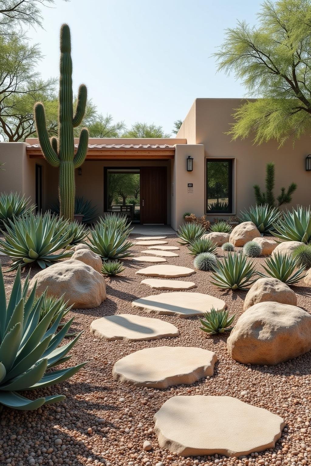 Minimalist succulent rock garden with large rocks and drought-resistant plants for easy maintenance